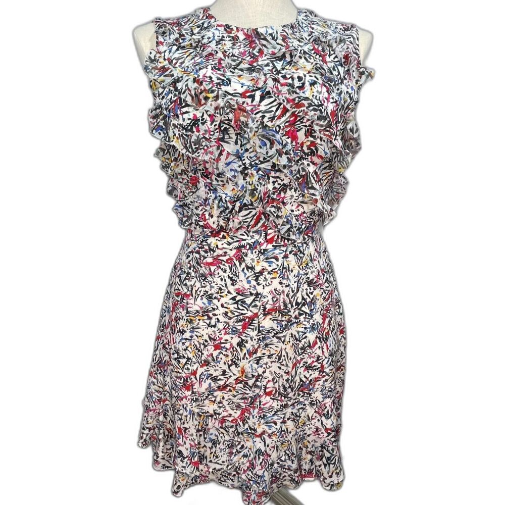 SALONI Tilly Ruffle Mini Dress 100% Silk Rainbow Spectrum Abstract Print 2